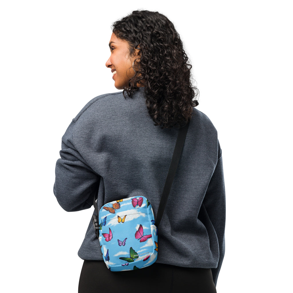Sacoche utilitaire à bandoulière <br> Pluie de papillons <br> par Maria Guadalupe Rivera Rosas